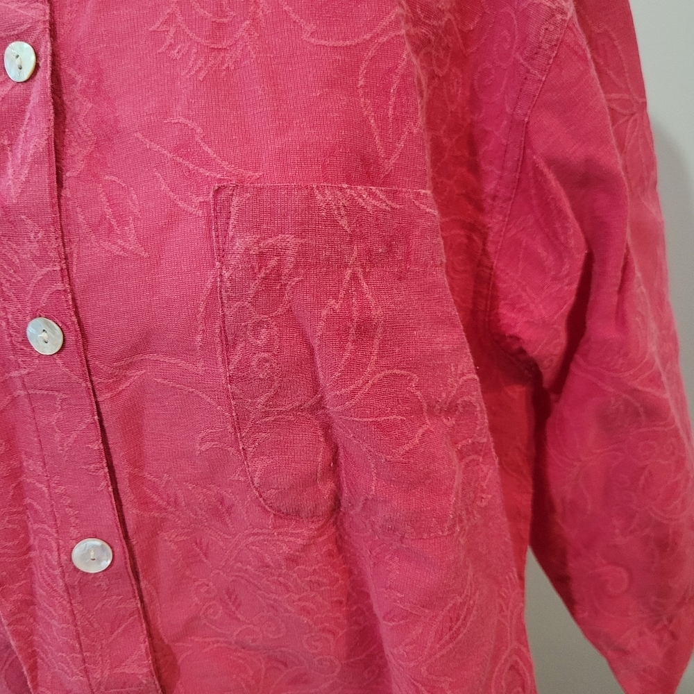 Chicos Linen And Cotton Blend Pink Whimsical Floral Button Up | Large - Picture 3 of 6